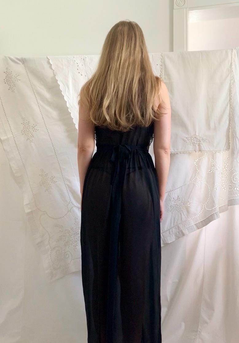 60s Long Sheer Black Chiffon Slip Dress - XS to Small