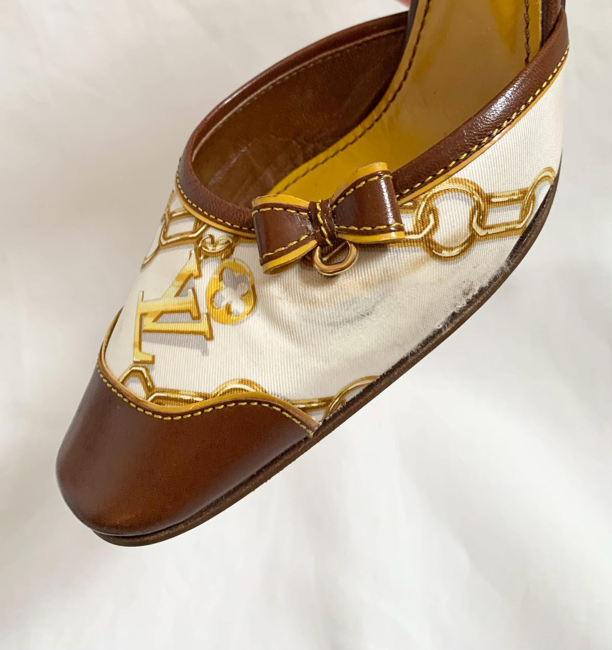 Rare Y2K Louis Vuitton Silk Scarf Print Slingback Kitten Heels - 7.5