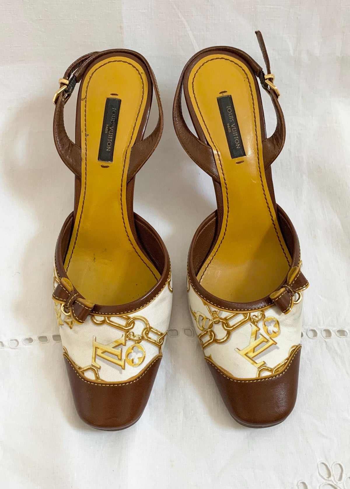 Rare Y2K Louis Vuitton Silk Scarf Print Slingback Kitten Heels - 7.5