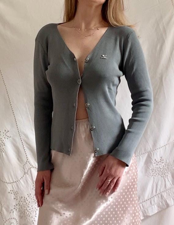 Y2K Courreges Slate Grey Slinky Knit Cardigan - Small to Medium