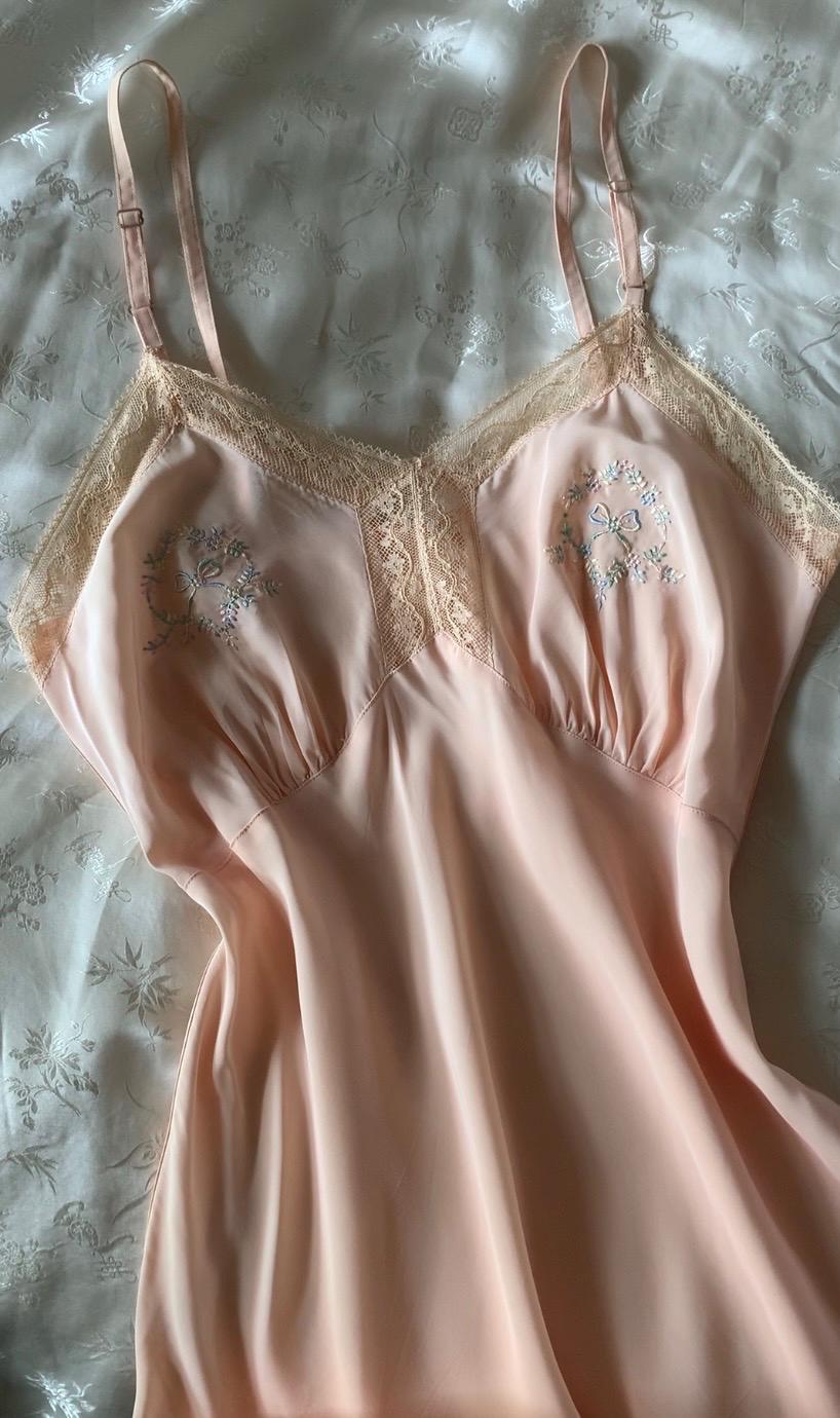 30s Embroidered Bows Midi Slip Dress - XS to Small