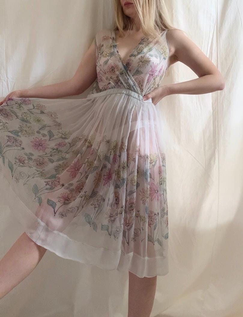 90s Nougat London Sheer Silk 50s Style Dress - Medium