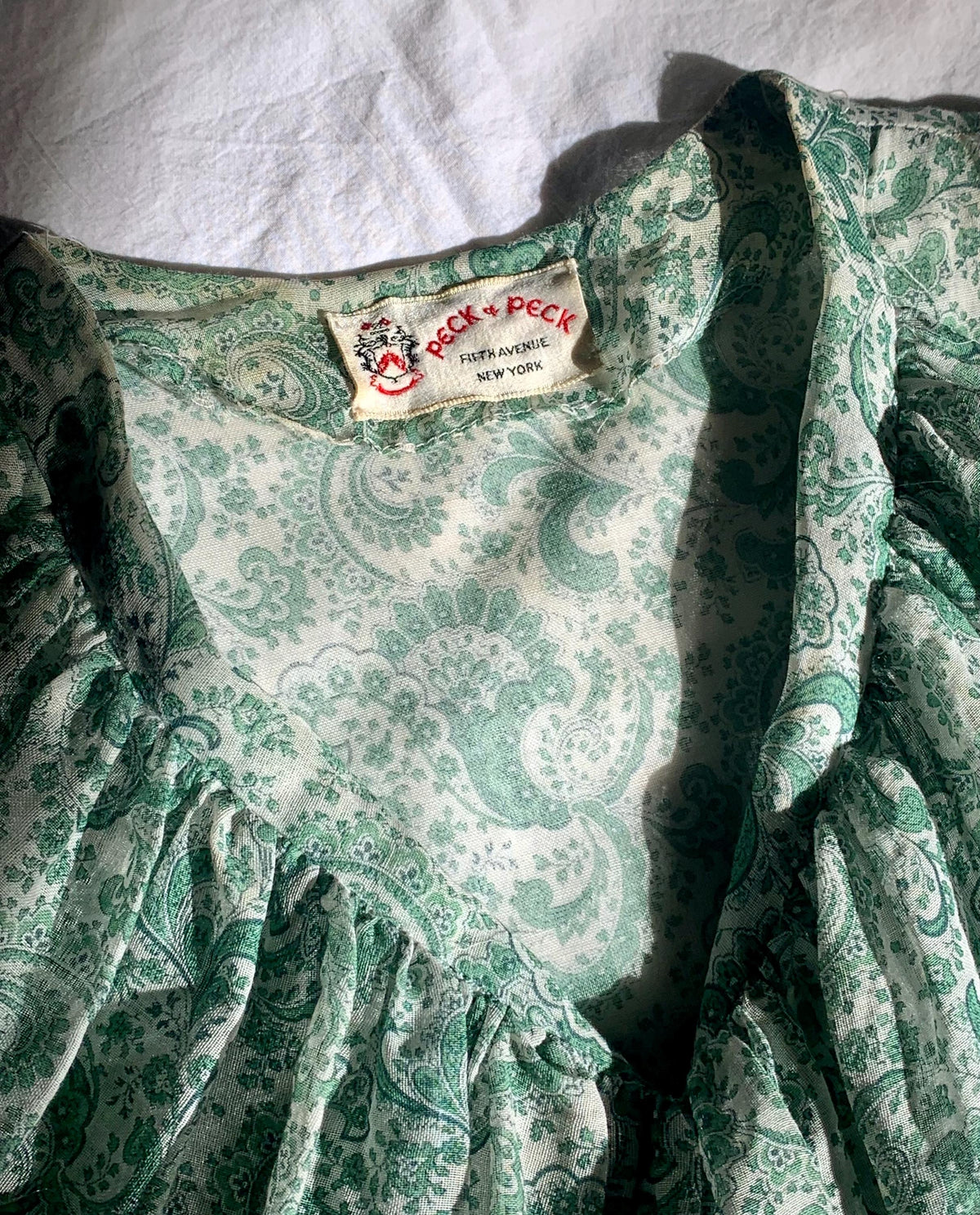 30s Cotton Voile 5th Ave Green Paisley Day Dress - Small to Medium