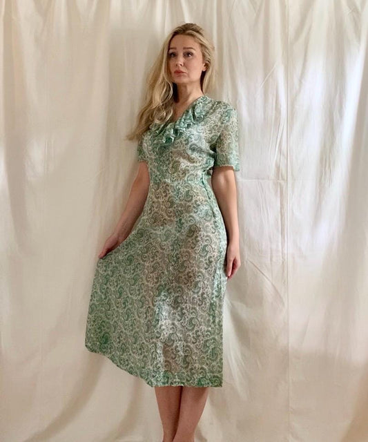 30s Cotton Voile 5th Ave Green Paisley Day Dress - Small to Medium