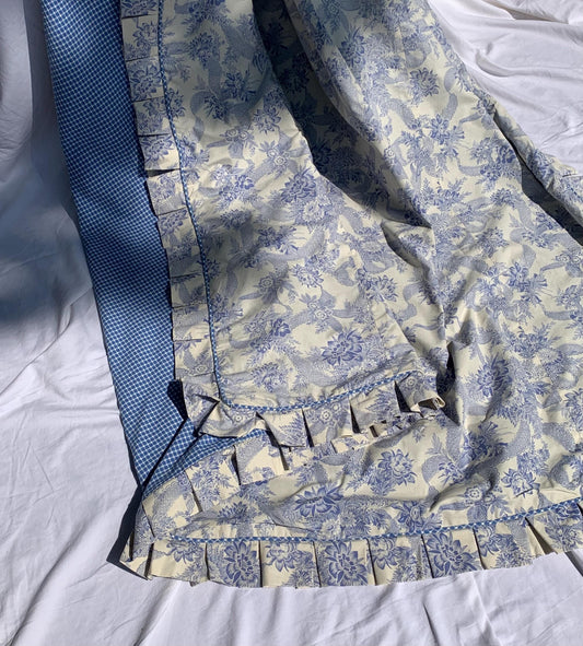 Vintage Custom Made Blue Chintz and Gingham Box Pleat Duvet Cover - Queen