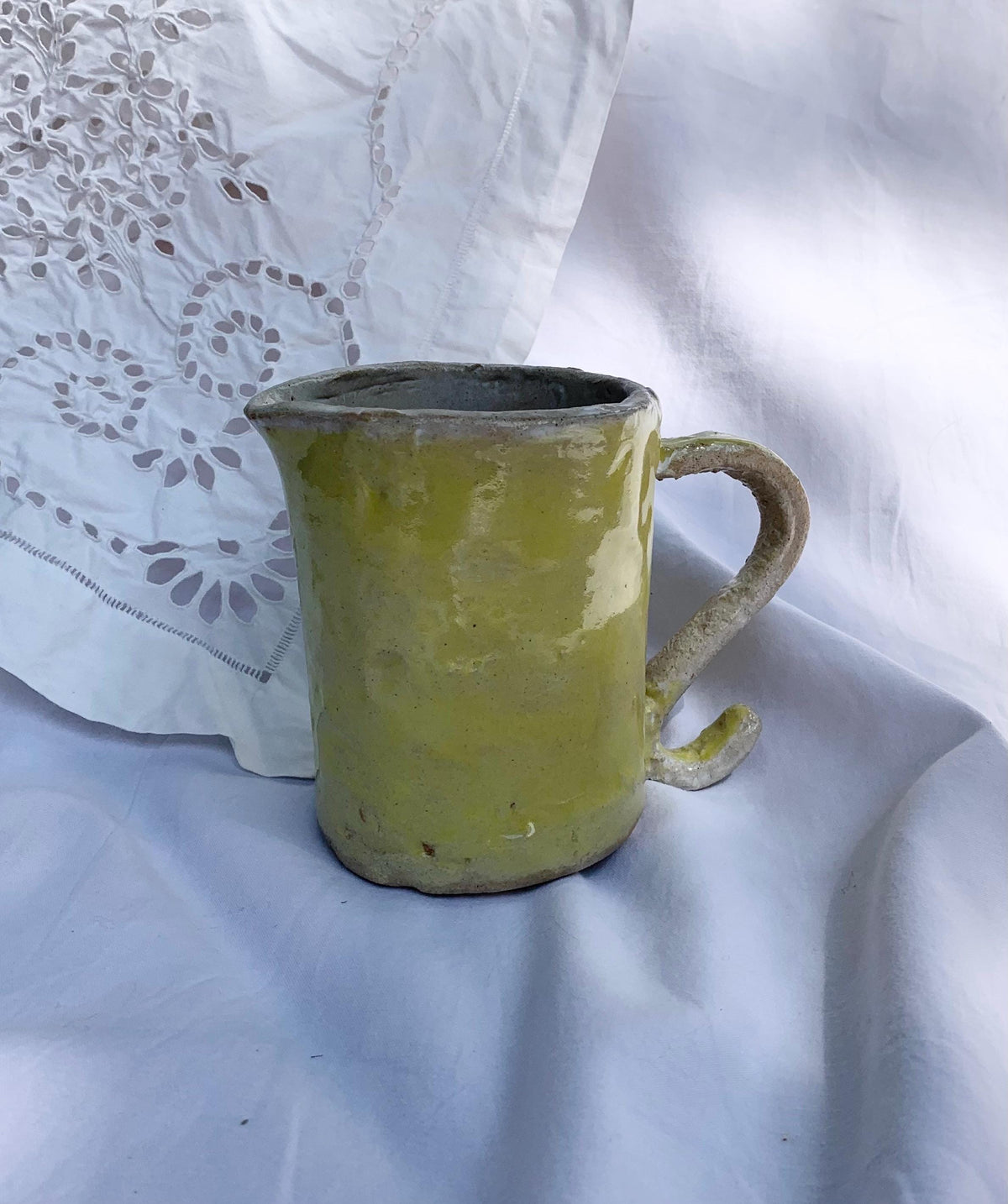 Vintage Rustic Handmade Bright Yellow Ceramic Pitcher / Vase