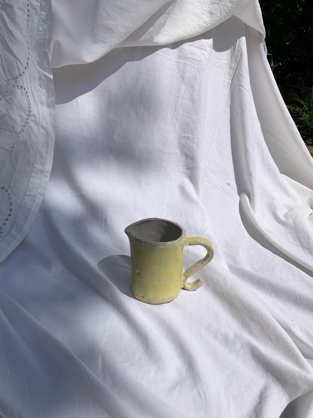 Vintage Rustic Handmade Bright Yellow Ceramic Pitcher / Vase