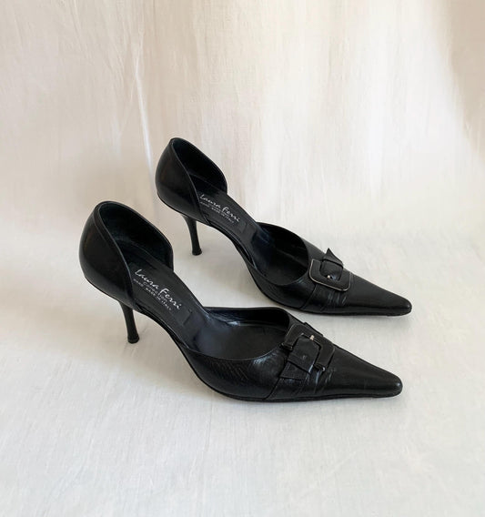 Y2K Handmade Italian Black Leather Heels - 7.5