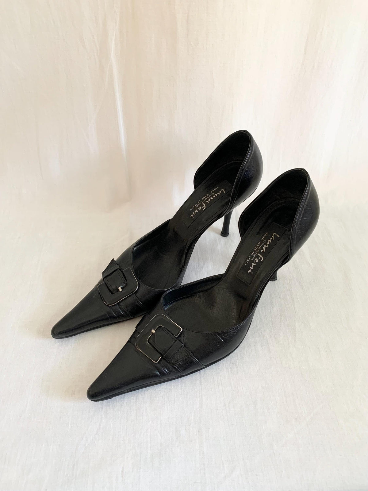 Y2K Handmade Italian Black Leather Heels - 7.5