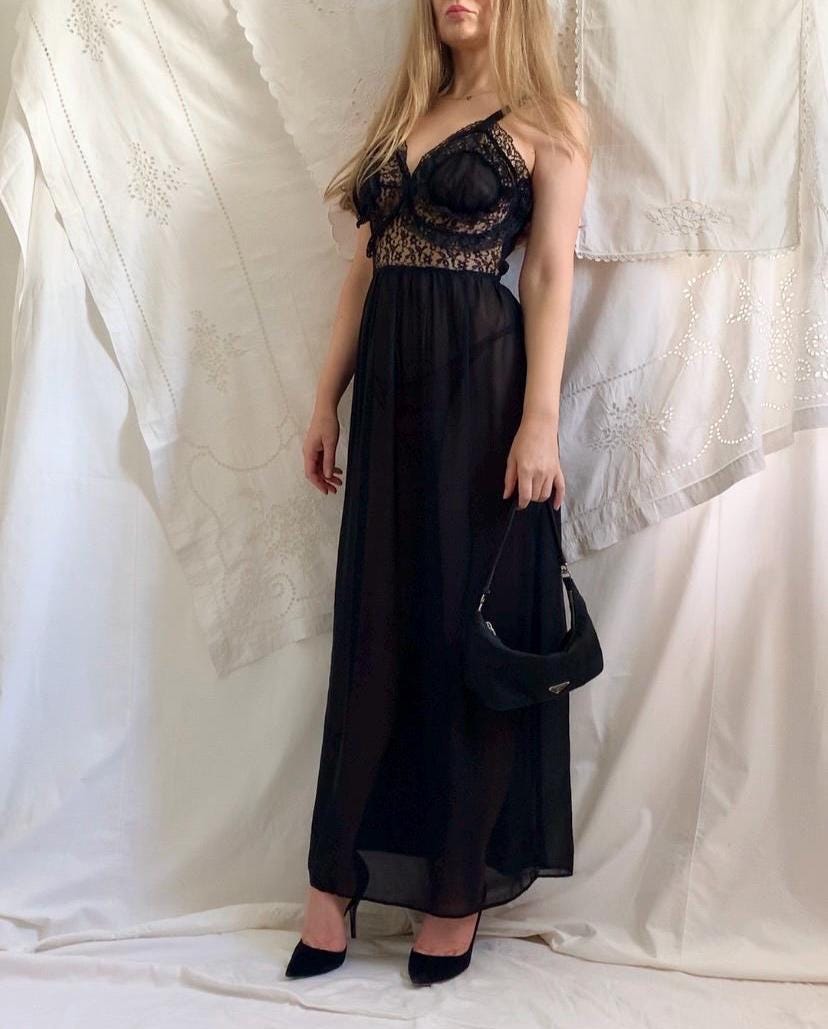 60s Long Sheer Black Chiffon Slip Dress - XS to Small